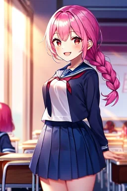 girl, masterpiece, best quality, cinematic lighting, detailed outfit, vibrant colors, perfect eyes, pink hair, red eyes, school outfit, braided ponytail, laughing, sparkle, classroom, light rays, god rays, depth of field,