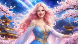 ((best quality)),((masterpiece)),ultra detailed background ((Cherry Blossoms)),(30 years old Sweedish gorgeous smiling woman), big breast,wearing flowing dress, golden blue flowing hair glamour,(blue eyes),beautiful face,((white mists:1.4)),(pink dust:1.2),mysterious,mysteries of galactic universe,yellow lightnings,volumetric lightnings,dark and blurry background,