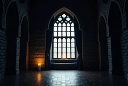 hyper realistic photo of medieval castle interior, majestic empty hall, brick grey wall, there's a curtain with dark blue and gold curtain, in background there's big windows in centered of frame, the picture is beautifull with glow effect from light candle