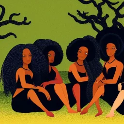 Octane rendered. .a group of women.five young black women sitting around a fire. Black Sisters. Sitting and Standing together. 4k Painting. Detailed. Fine details. the faces of 5 young black women. Young women sitting wood nymphs emerging from the forest. THeir hair looks like vines. Dreadlocs. Their skin is the colour of dark soil. their skin looks like tree bark. Their clothing is made of vines, grass and leaves.