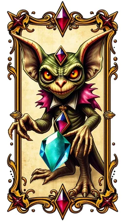 kobold gremlin with gem joker card with ornate frame