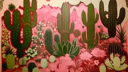A rosy pink desert with prickly pear cactuses designed in Mehndi design painted by Stuart Davis