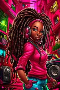 Create a digital airbrush cartoon of a curvy African American female wearing a hot pink jean outfit with timberland boots. Prominent make up with hazel eyes. She is wearing large diamond hoop earrings. Extremely highly detailed very long dread locs hair that shines. Background of a night club.