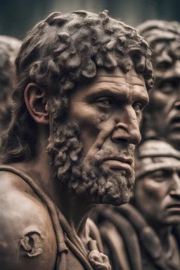 imagine a scene of an ancient roman humans with big depression on their faces big focus big fear