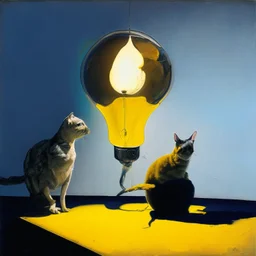 Abstract painting formed by a mix of human flesh-like surgical instruments and universe-like neuralink, a cat looking at a pigeon inside a huge bulb between light and shadow at dusk,surrealism,minimalism,Painting By Adrian Ghenie, Rene Magritte, Salvador Dali, Lucian Freud