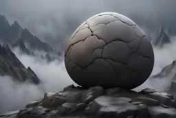 a giant egg with the texture of stone is cracked on top of the misty mountain peak. cinematic lighting, artstation, grim mood, looking up camera angle