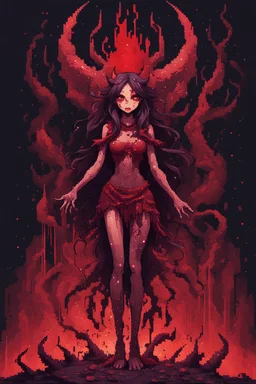 Demon girl wizard in front, fullbody, behind blood guts rising from the ground, darkred tones,cosmic horror, nightmare, galaxy, 8bits, pixel art,