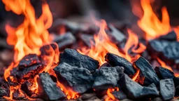 coals on the fire, intense color and flames, close-up, blurred background