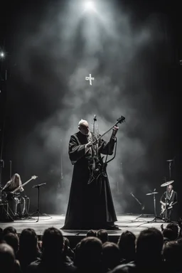 papež hraje na pódiu v blackmetalové kapale na baskytaru a řve do mikrofonu, ponurá atmosféra, veliká scéna koncertu, pentagram, obrácený kříž, veliký kontrast, hodně detailů, fotorealistické, RAW