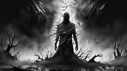 surreal vibe, grayscale, black and white, a caracter dissolving into shadows and fog, body torn into shards of light and darkness. A haunting, nightmare, composition that captures isolation, inner demons, struggle of anxiety. surreal, fog, shadows, atmospheric