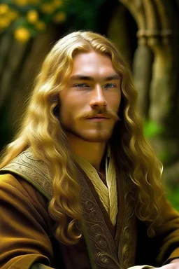 A young serene Lord Of The Rings like man with long golden hair that cascades gracefully, and a short beard, no mustache. His calm eyes, with blind pupils, reflect a depth of wisdom and inner peace. A gentle smile graces his face, adding warmth to his tranquil demeanor.