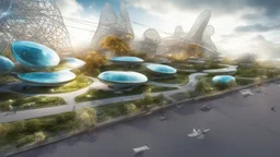 город будущего 2050, сказка, сияние, абстракция, вид с высоты птичьего полета,