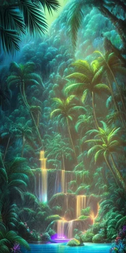 Triipy rainbow turquoise neon waterfall with palm trees sparkling at night in a cave detailed realistic glowing