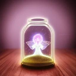Fairy inside a belljar, ghostly lights, polaroid, symmetry, bioluminescence, luminescent glow, moody, tender, photorealistic, octane render, golden hour