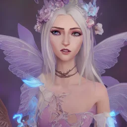 Fantasy cute fairy with wings, smiling, blue eyes, make up, long blond platinum hair, crown, beautiful dress, flowers in background, blender 3D