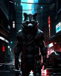 a cyberpunk racoon standing in a city street, black armour, with red highlights, grey cyberpunk city background
