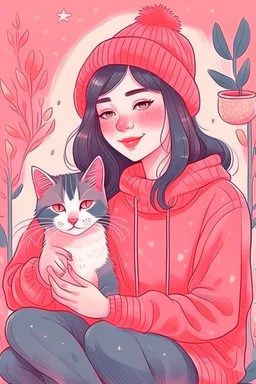 cozy vibes art girl with cat