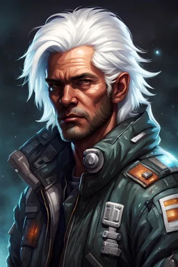 High Quality Science Fiction Character Portrait of an bounty hunter with White Hair in a Bomber Jacket.