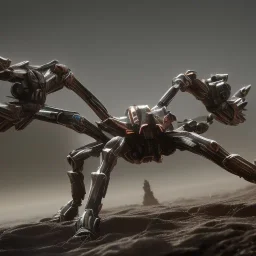 Mecha with metal spider legs his hands are machine guns. Driver is animal