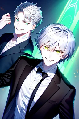 plauge doctor in balck leather coat and suit with silver hair, pale skin and bright green glowing eyes smiling with sharp teeth, nice young face, male, viscious smile, face close look