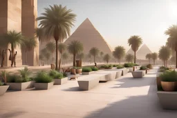 urban design tourist walkway in eygpt with Giza Pyramids , modern street seating , planters