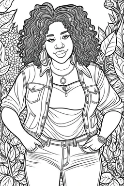 black curvy woman wearing jeans, eyes front camera coloring page floral background