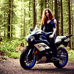 Very attractive woman sitting on a motorcycle. The bike is Yamaha. In the background is a forest.