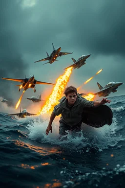 18-year-old Scott Kendall and 15-year-old Judi Ott emerging from a tumultuous sea amidst a stormy backdrop, locked in combat with agile fighter jets, amidst a conflagration of fire and explosive effects, ambient lighting, professional composition, infused with a mix of elegance and futuristic aesthetics, ultra-realistic, mystical undertones, sharp focus capturing every water droplet and flame, rational placement of subjects within a cinematic frame, epic atmosphere,