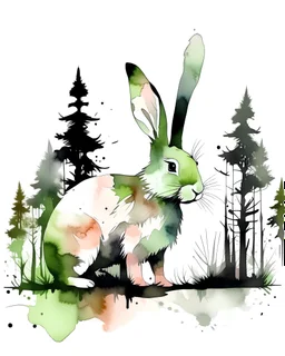 Watercolour effect, rabbit, forest abstract,roschCh ink blot test, white background, muted colour's.no black outline, no black colour only white more watercolour blobs, no black outline, other colours
