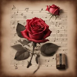 Hyper realistic red rose on a vintage paper with harmonica instrument & musical notes