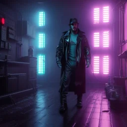 Actor, tom hardy, blade runner style, rain, fog, neon ambient, gradient color, clean skin, circuits, latex coat, cyber punk, neon, tubes, portrait, photo studio, unreal engine 5, smooth color, 16 bit, god lights, ray tracing, RTX, lumen lighting, ultra deatail, volumetric lighting, 3d, finely drawn, hd.