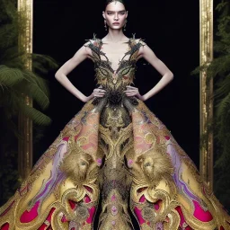 stunning extrem opulent haute couture gown designed by Marchesa inspired by fairies, realistic epic elegant fantasy color mix of black and gold and dark red,decorated with precious stones, detailed, high quality, intricate, fantasyland background,