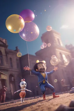 Ultra realistic circus scene. Sweet big hair monster flying. Child’s playing. one strong man, smile. happy, color bubbles, smooth color, waist up view, Wes Anderson style, a lot of people background, highly detailed, concept art, unreal engine 5, god rays, ray tracing, RTX, lumen lighting, ultra detail, volumetric lighting, 3d, finely drawn, high definition, high resolution.