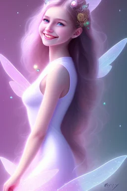 smiling girl, cute, beautiful, long hair, fairy wings, light pastel colors, bright, transparent dress, smile