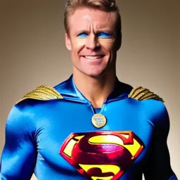 A superhero man with a sky blue spandex suit. He has a sky blue mask on, blue eyes, freckles, dimples, and curly dark brown hair. He's wearing gold boots and gold artist gloves with a white belt and has a gold M on his chest. His boots have small feathered wings on them, and his shoulders have shoulder pads. He is smiling