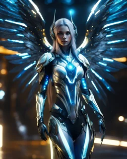 Length picture night Photography Realistic High Details,Natural Beauty,Full body Beautiful Angel Pretty woman cybernetic ,futuristic warframe armor,wings ,in Magical Planets Cosmic full of lights colors,glowing in the dark, Photography Art Photoshoot Art Cinematic Soft Blur Colors