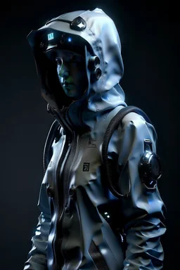 Hyper-detailed photography, A revolutionary cyborg robot is modelling a stylish windbreaker jacket, full body visible, focus on the high-end material, limited edition, matte finish, puffed up air pockets, cinematic effect ,smart focus, 12k