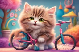 Fluffy tabby cat, adorable kitten, miniature bicycle, whimsical scene, playful concept, vibrant colors, detailed fur texture, charming expression, dynamic composition, cartoonish style, digital art, creative and imaginative, bright and lively palette, joyful atmosphere, skillful rendering, high resolution, skillful lighting to enhance cuteness.