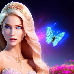 Full body Princess, sexy woman blondie, make up, beautiful smiling face,blue eyes, beautiful place,amazing, flowers, colors, blue and pink butterfly, realistic, photo real, stars night, detailed, high contrast, 8k high definition, unreal engine 5, extremely sharp detail, light effect, light background