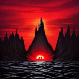 dnd, fantasy, black castle, black sand, illustration, demonic, brutalist, blood-red sky, -sun