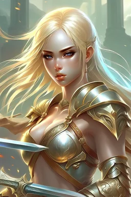 pretty girl, warrior, elf, blonde hair, fantasy, conventionally attractive, fighter, sword, young, maternal