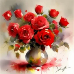 A vase of red roses in the style of artist John Lovett