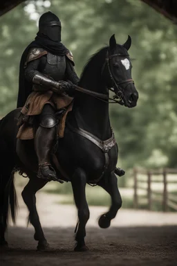 portrait of black knight riding out from stable,shot on Hasselblad h6d-400c, zeiss prime lens, bokeh like f/0.8, tilt-shift lens 8k, high detail, smooth render, down-light, unreal engine, prize winning