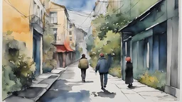 new yorker magazine. مقنعه. Side walk. water color Painting. Iran. hijab. factory. brokers.