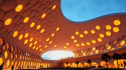 A sprawling structure with a shell-like, curved exterior made of cutting-edge, solar-absorbing materials. The building features an array of hexagonal windows that maximize natural light and provide a futuristic, honeycomb aesthetic. Award-winning photograph, beautiful composition, exquisite detail and illumination