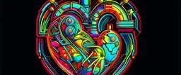 FLAT VECTOR LAYERED 2-D MULTICOLORED COMPLIMENTARY NEON MECHANICAL HUMAN HEART, METALLIC,