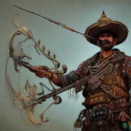 Insanely detailed photograph of an “ a mustachioed cowboy warrior ” with detailed Sombrero, intricate charo,cigar,crossbow in hand, hyperdetailed painting by Ismail Inceoglu Huang Guangjian and Dan Witz CGSociety ZBrush Central fantasy art album cover art,8K, hdr, mysterious, flickeringlights ,Stoic