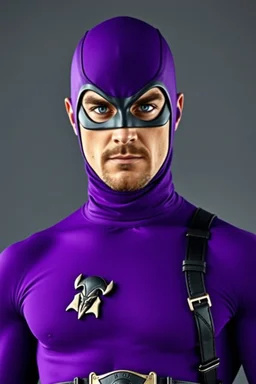 full-length, A portrait of a the Phantom, a man with piercing blue eyes, a chiseled jaw, goatee, timeless face, stern expression, Wearing a skintight formfitting purple cotton hero suit with a skintight cowl with a widows peak that fits tight to his head, but does not cover his face or his forehead , he wears a thin, black leather, bandit eye disguise over his eyes, black and blue diagonally striped trunks, dual-holstered pistol belt adorned with a triangle skull-shaped buckle, leg straps, boot