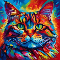 A captivating painting of a charming and colorful cat, full of joy. The feline's fur is a kaleidoscope of colors, resembling the ever-changing hues of the sky.