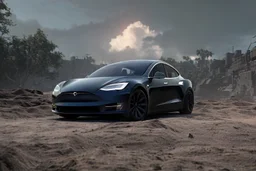 A Tesla 'Model Y' is parked, within the trench of the Death Star. (CINEMATIC, WIDE ANGLE LENS, PHOTO REAL)